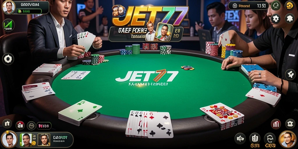 Tampilan gameplay seru di JET77 dengan kartu dan chip poker yang realistis.