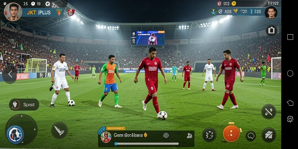Screenshot utama JKTPLUS menampilkan momen intens saat pertandingan sepak bola.