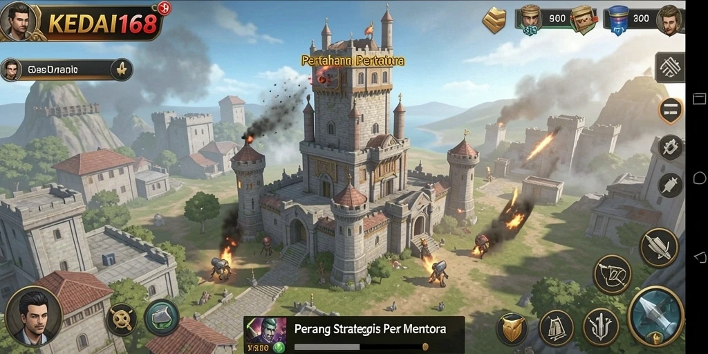 Tampilan gameplay menegangkan dari KEDAI168 di Tower Defense.