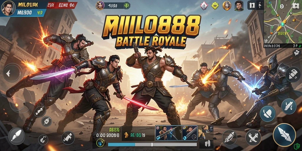 Screenshot utama MILO88 menampilkan aksi pertempuran Battle Royale yang intens.