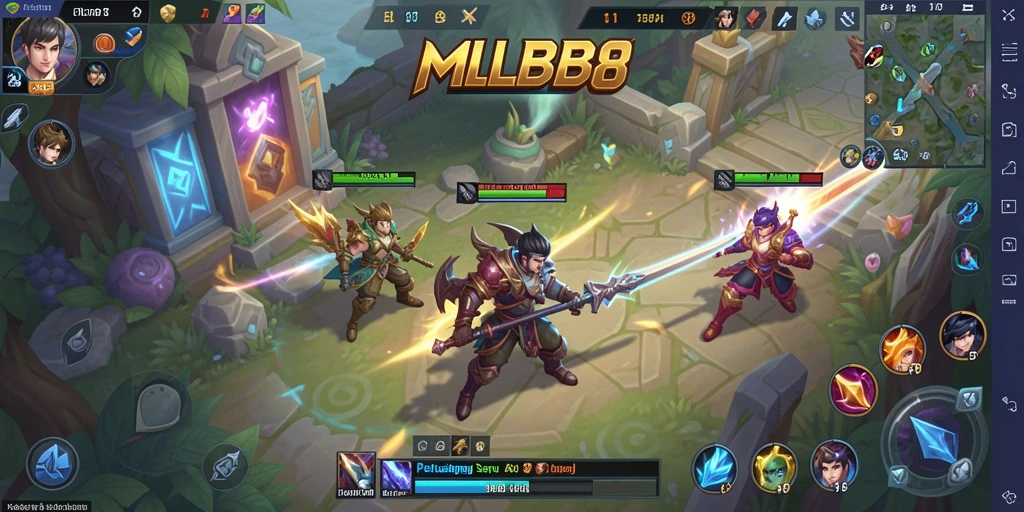 Tangkapan layar <strong>MLBB8</strong> menampilkan aksi gameplay arcade yang penuh warna dan dinamis.