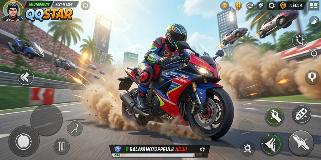 Tampilan seru saat bermain QQSTAR dalam balapan motor.