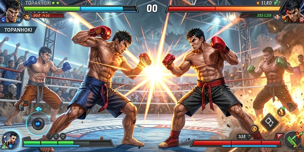 Tangkapan layar dari gameplay pertarungan intens dalam TOPANHOKI.